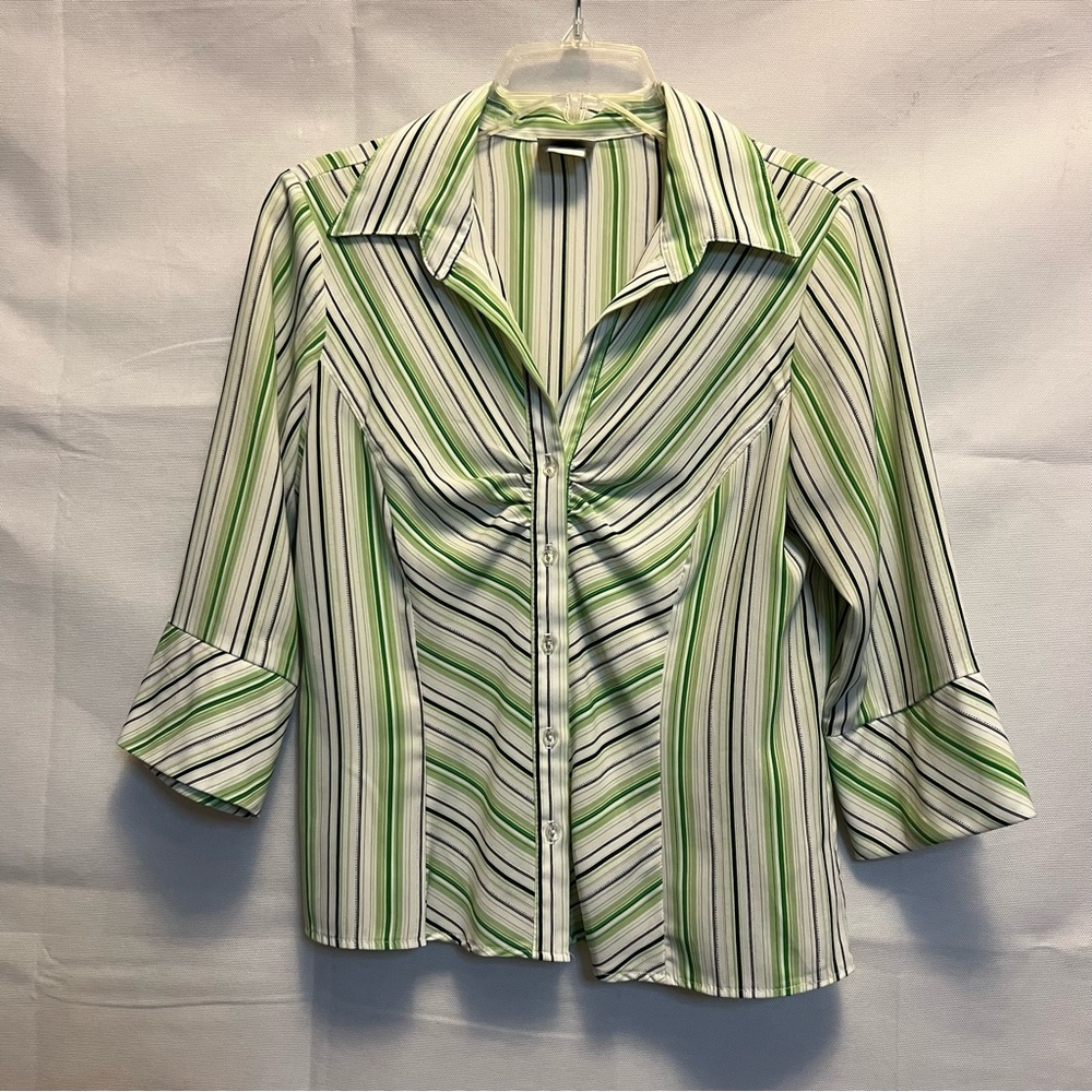 Tailor B. Moss Fitted Blouse - Green, White and Black Stripe Sz M